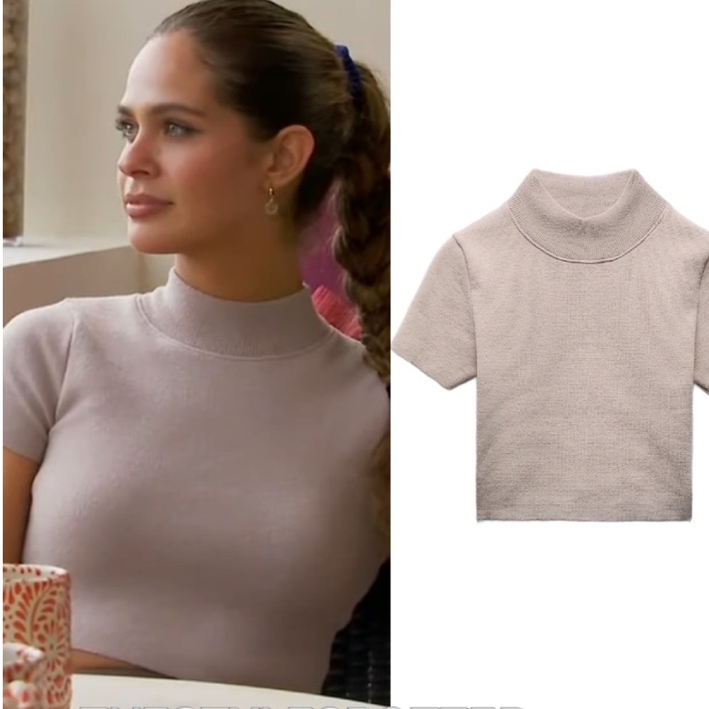 Zara Womens‎ Mock Neck Short Sleeve Knit Crop Top Taupe Small Butter Soft Boho